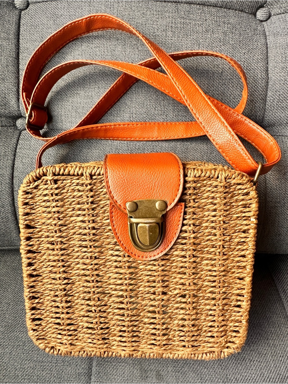Woven Rattan Straw Crossbody Bag with Tan Leather Trim